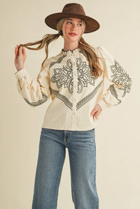 EMBROIDERED MOCK NECK BUTTON UP TOP