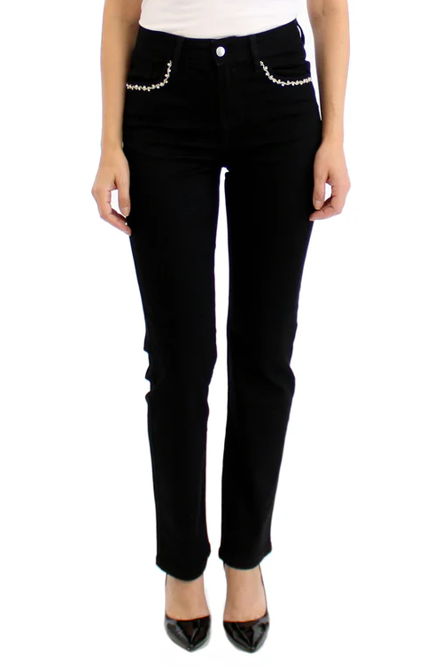 SIMON CHANG HIGH WAISTED JEWELED POCKET PANT