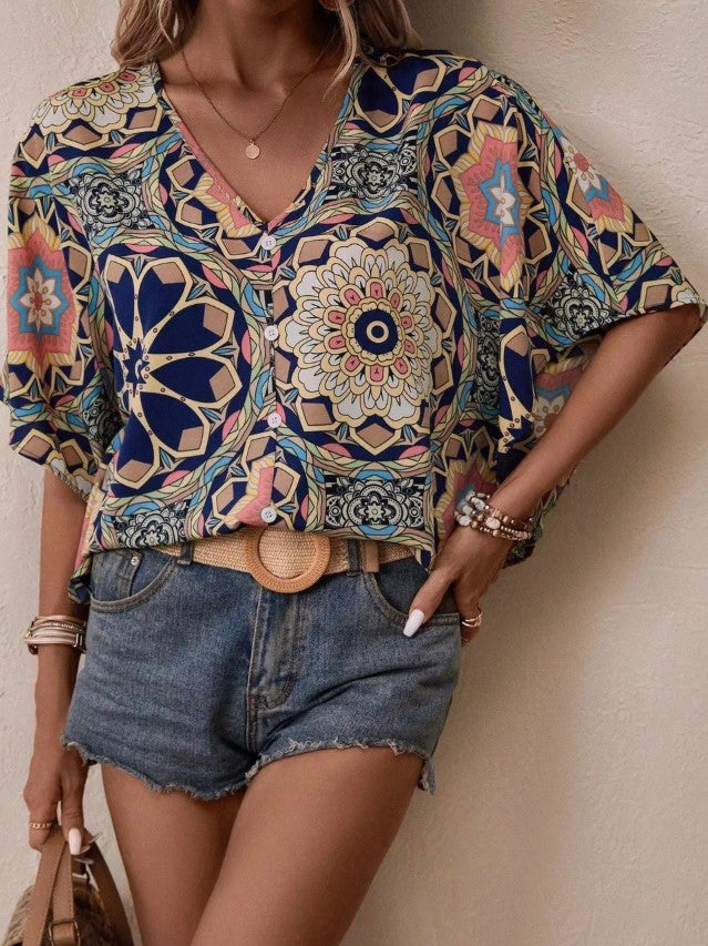 V NECK TOP WITH PATTERN