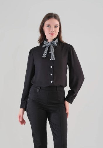 TRI BLOUSE STRIPE BOW RHIN CUFF HRT BTTN