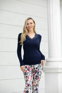 ORANGE TOP LONG SLEEVE LACE V NECK