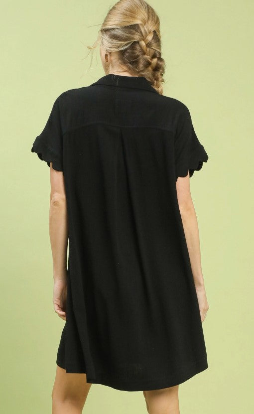 LINEN SCALLOP SLEEVE V NECK DRESS
