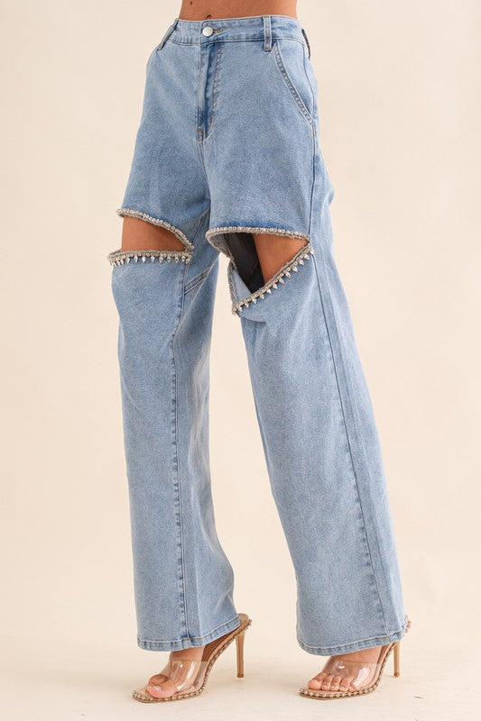 RHINESTONE CUTOUT FRONT JEANS