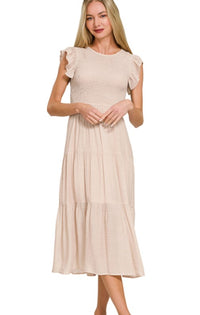 WOVEN SMOCKED RUFFLE SLEEVE MIDI DRESS