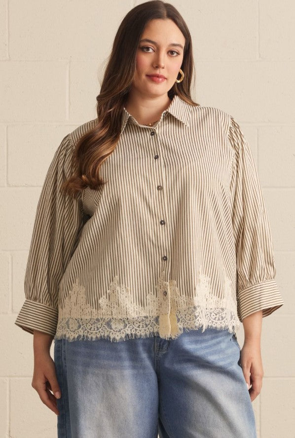 STRIPED 3/4 PUFF SLEEVE LACE TRIM HEM TOP