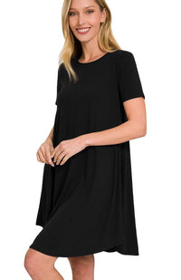 SHORT SLEEVE ROUND HEM A LINE DRESS WITH POCKETS