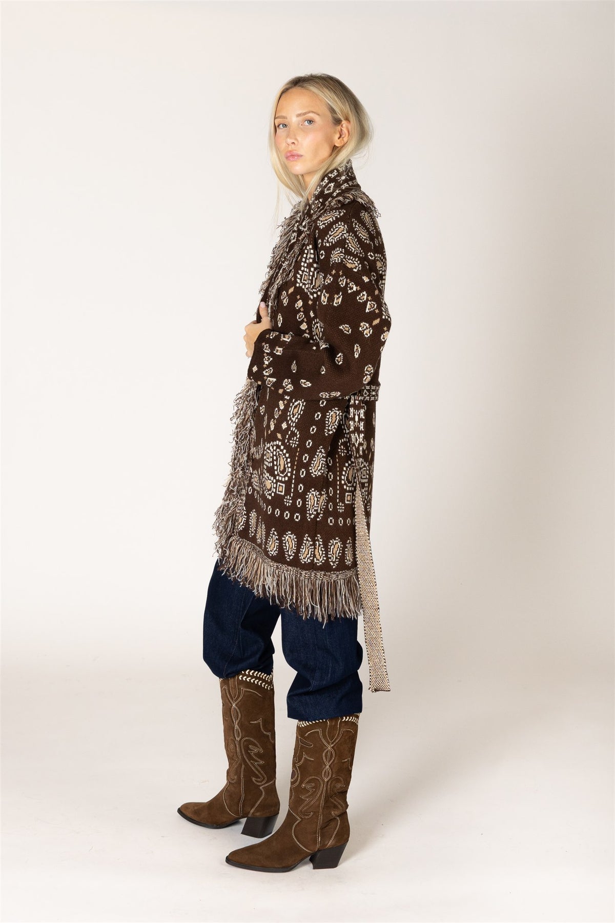 FRINGE TRIM CARDIGAN WITH BELT