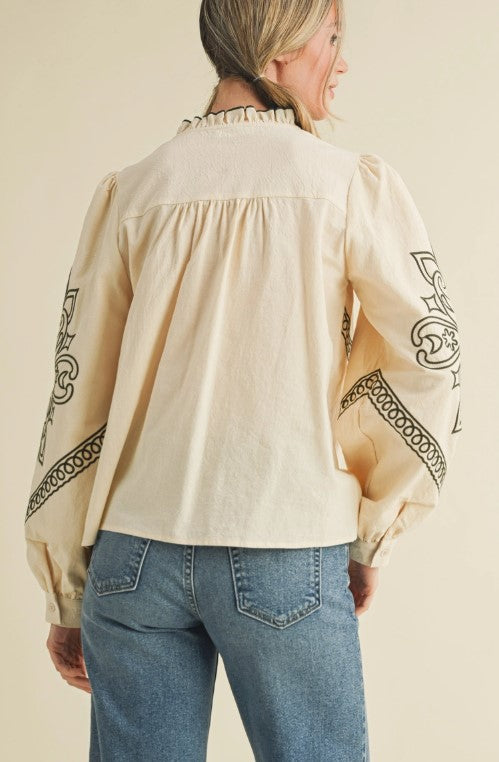 EMBROIDERED MOCK NECK BUTTON UP TOP