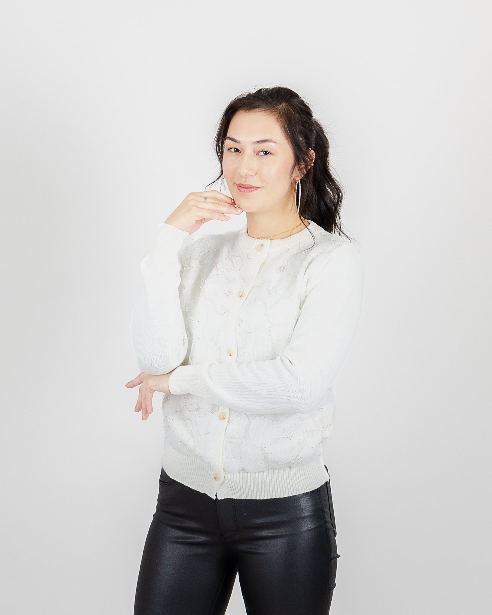FUN SWEATER BUTTON UP FLOWER MESH