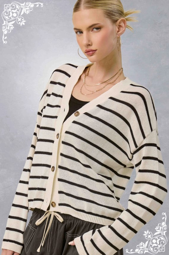 LA MIEL CARDIGAN STRIPED V NECK BUTTON DOWN