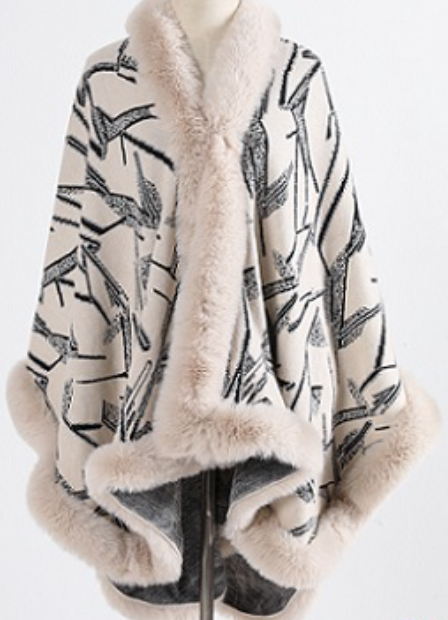 FAUX FUR TRIM PONCHO WITH PRINT