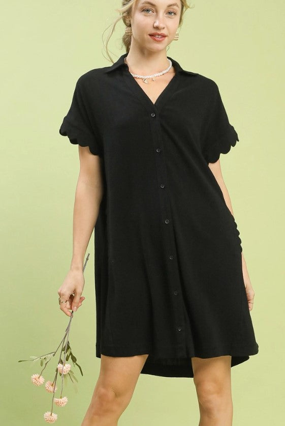 LINEN SCALLOP SLEEVE V NECK DRESS