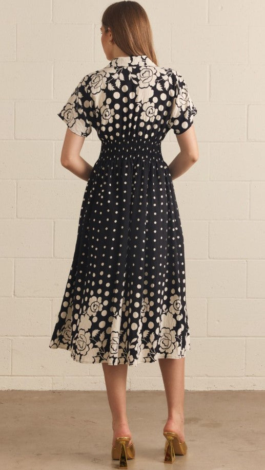 MIDI POLKA DOT FLORAL PRINT DRESS