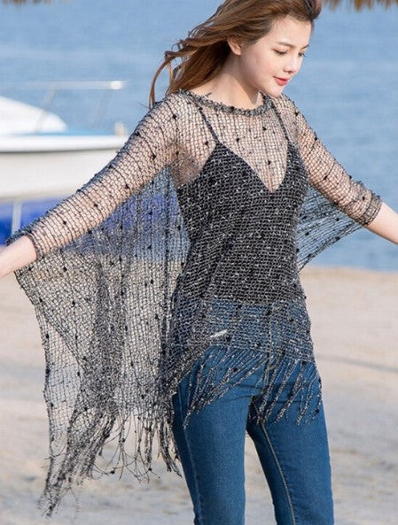 CROCHET KNIT SLEEVED PONCHO W/FRINGE
