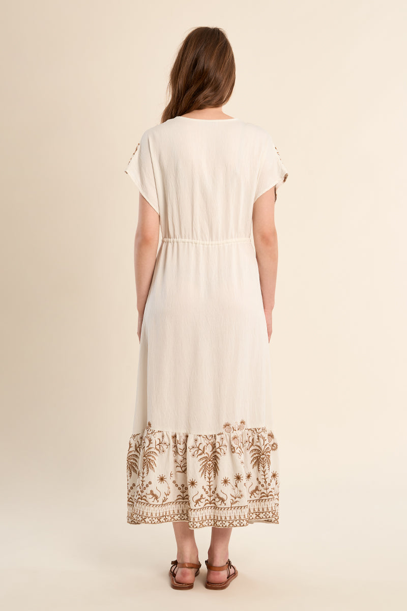 MOLLY DRESS LONG EMBROIDERED FLUTTER SLV