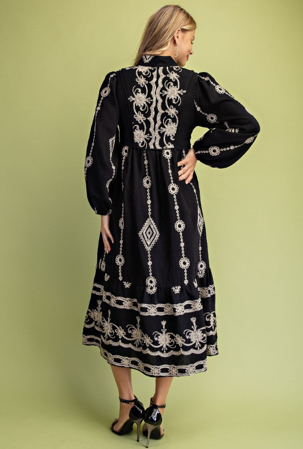 GIGIO DRESS BUTTONED VNECK MIDI METALIC EMBROIDERY