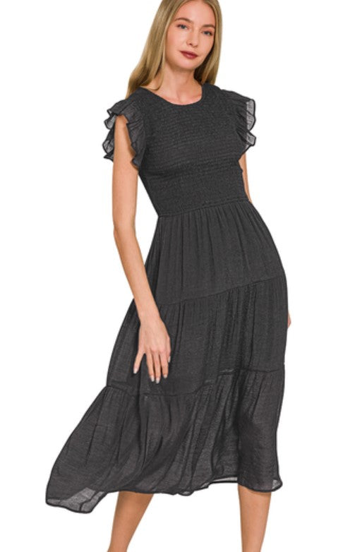 WOVEN SMOCKED RUFFLE SLEEVE MIDI DRESS