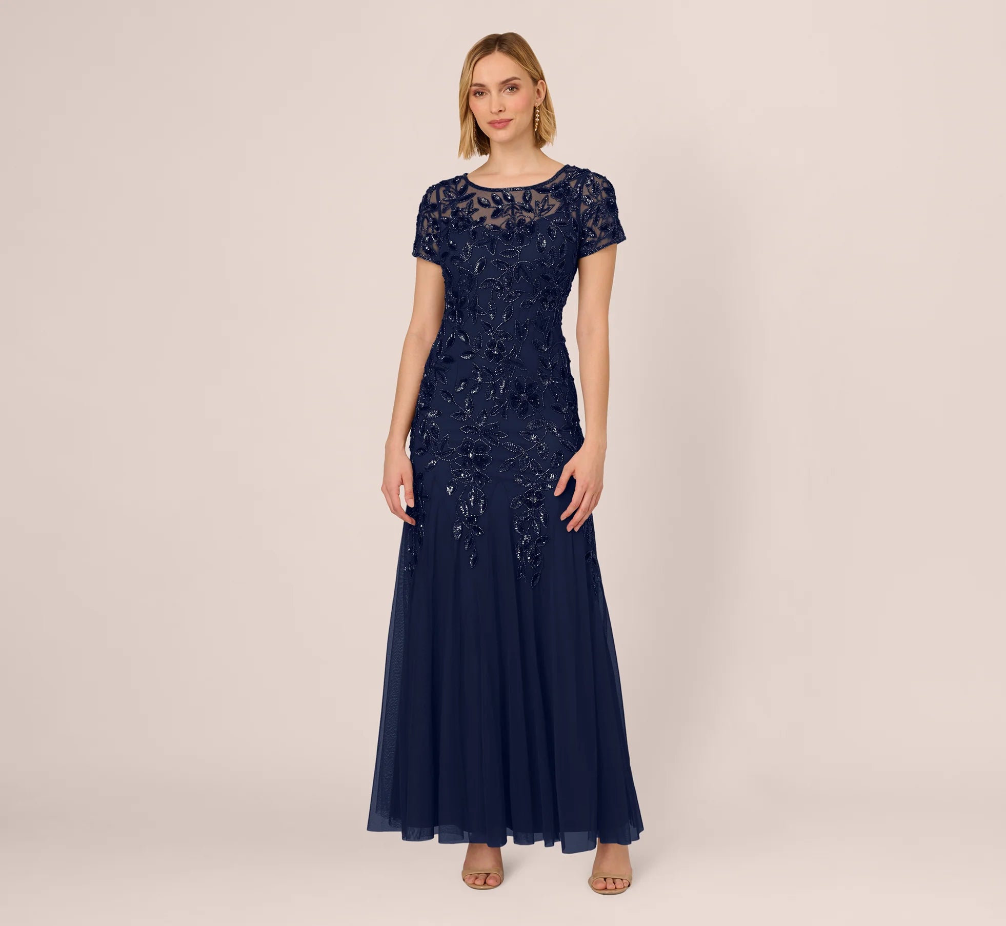 ADRIANNAP GOWN BEADED FLRL SHRTSLV