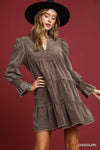 UM DRESS STN WASH RUFFLE L/S