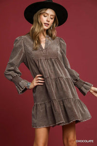 UM DRESS STN WASH RUFFLE L/S