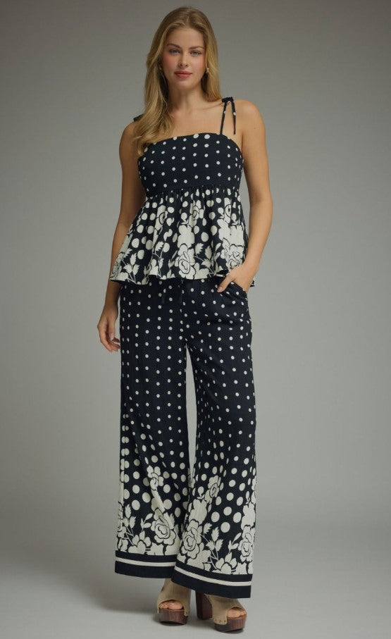 ENTRO 2PC SET SELF TIE TOP WIDE LEG PANTS