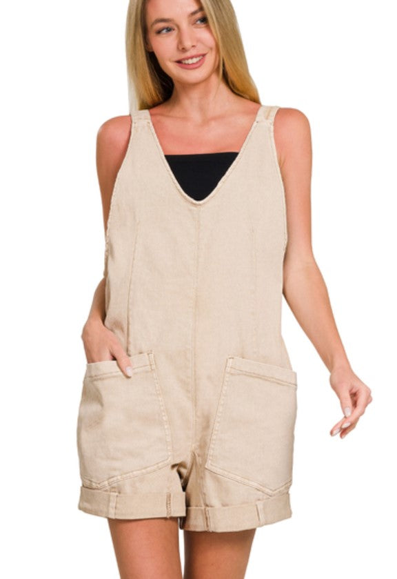 WASHED ROMPER WITH ADJUSTABLE STRAPS & POCKETS