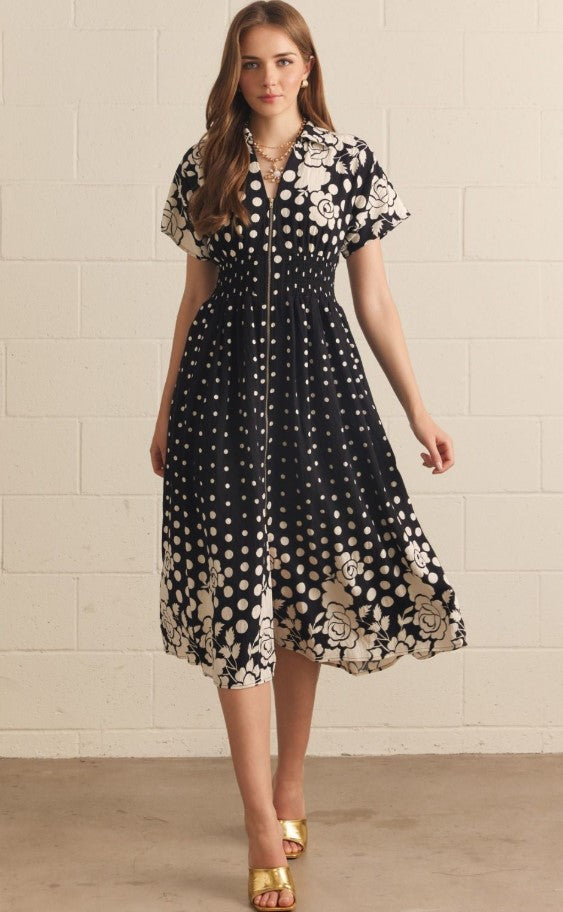 MIDI POLKA DOT FLORAL PRINT DRESS