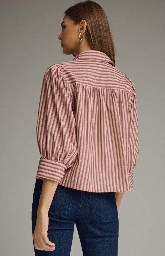 ENTRO TOP STRIPED COLLARED 3/4 PUFF SLEEVE