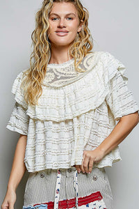 RUFFLE SHORT SLEEVE TOP  WITH LACE