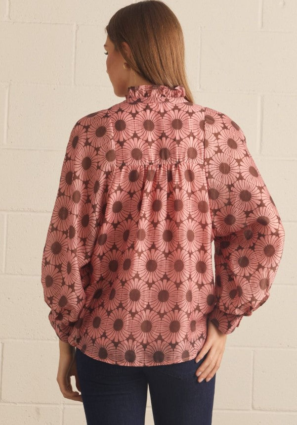 LONG PUFF SLEEVE RUFFLED MOCK NECK BLOUSE