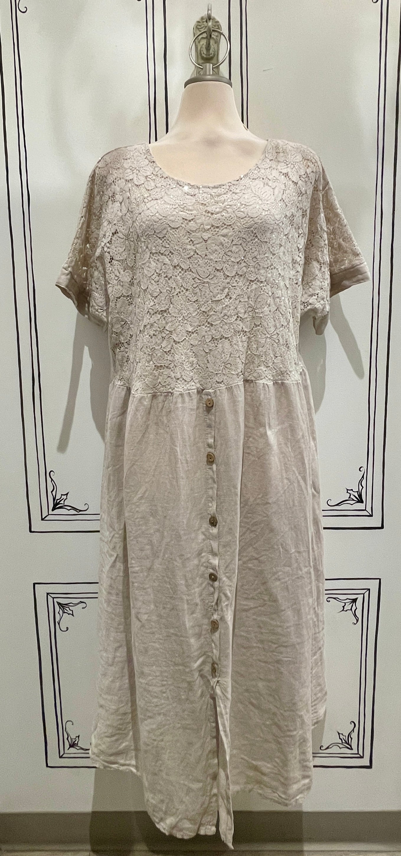 LINEN SPARKLE LACE SHORT SLEEVE DRESS