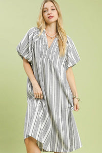 MIDI SMOCKED V NECK DRESS
