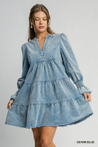 UM DRESS STN WASH RUFFLE L/S