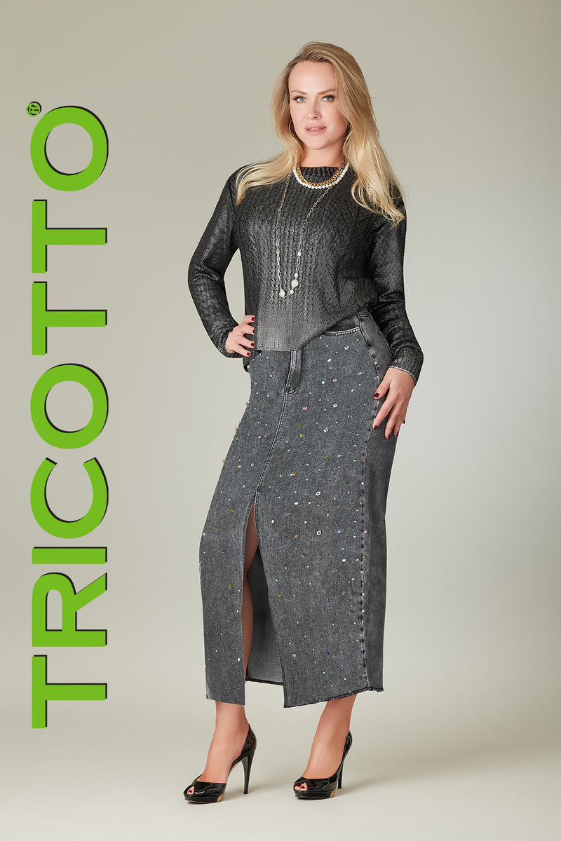 TRICOTTO LONG DENIM SKIRT WITH JEWELS