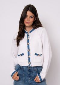 KNIT CARDI WITH DENIM TRIM