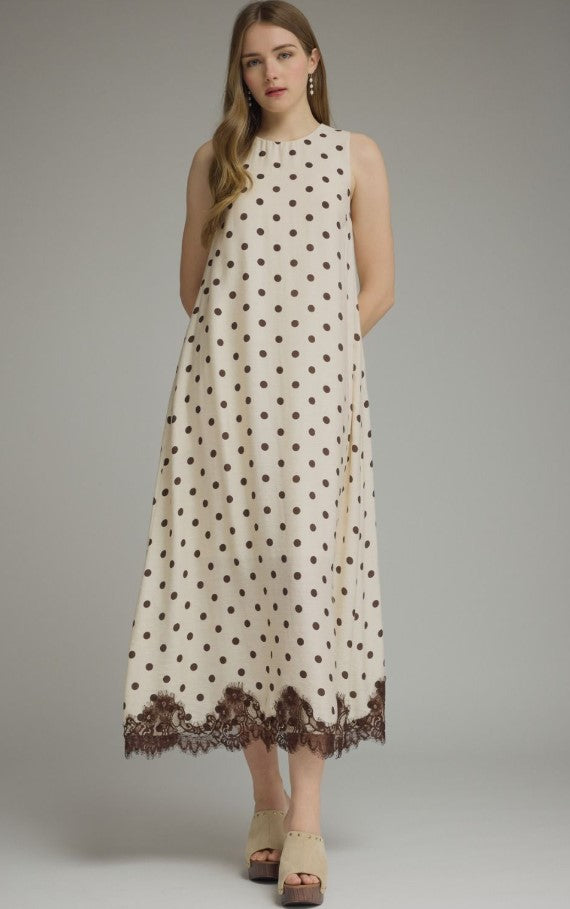 SLEEVELESS MIDI POLKA DOT LACE TRIM DRESS