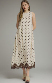 SHORT SLEEVE MIDI POLKA DOT LACE TRIM DRESS