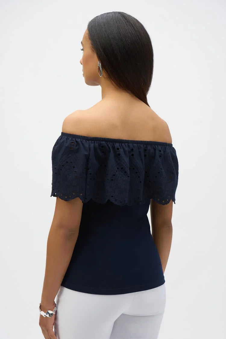 JOSEPH RIBKOFF EYELET LACE OFF THE SHOULDER TOP