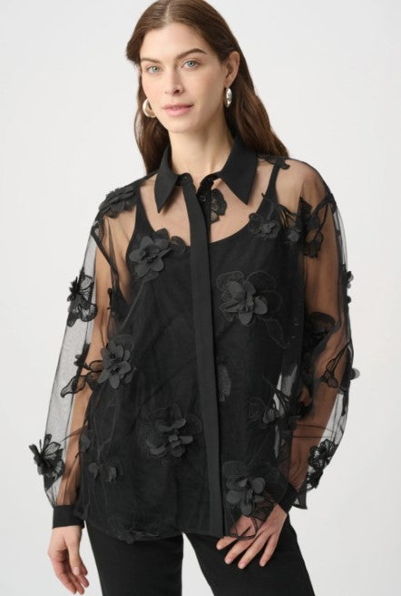 RIBKOFF BLOUSE SHEER TEXTURED FLOWER APPLIQUE
