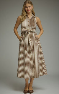 STRIPED SLEEVELESS COLLARED MIDI DRESS