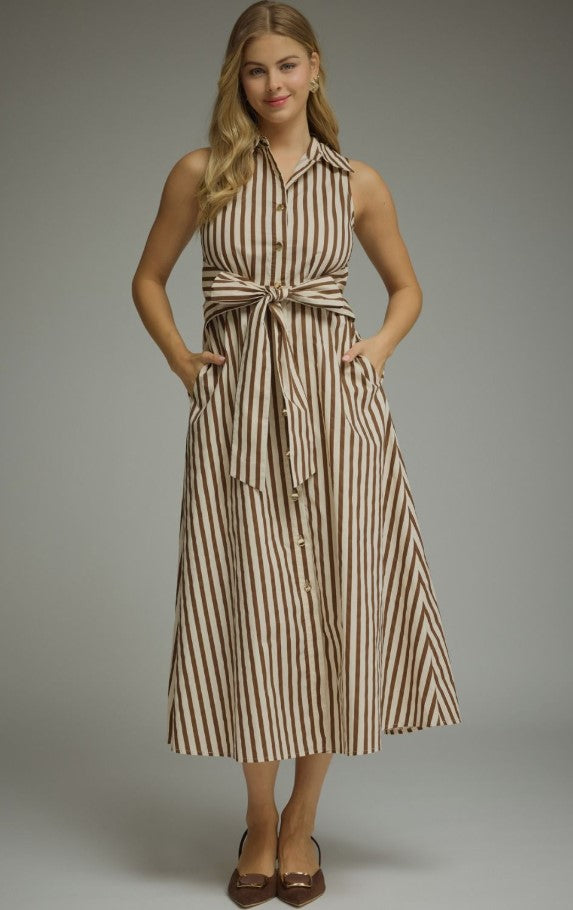 STRIPED SLEEVELESS COLLARED MIDI DRESS