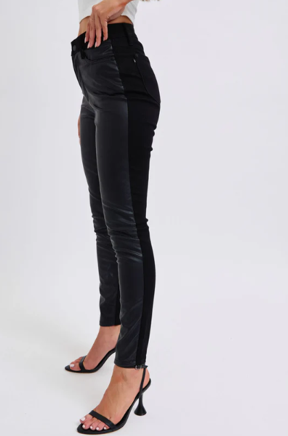 JUDY BLUE HIGH WAISTED FAUX LEATHER AND DENIM PANTS