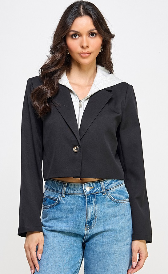 HOODED CONTRAST CROPPED BLAZER