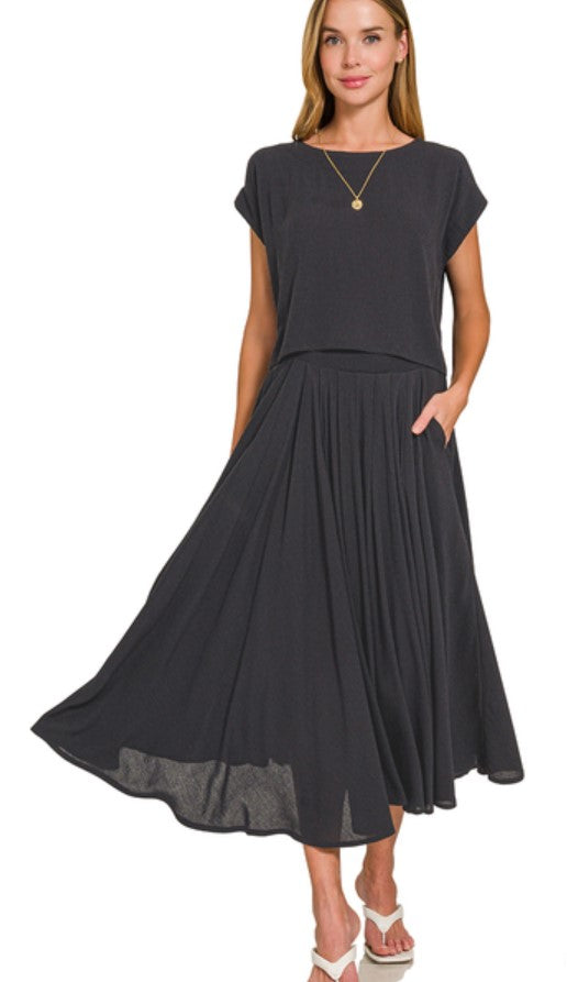 2PC SET TOP & SKIRT WOVEN CRINKLE GAUZE