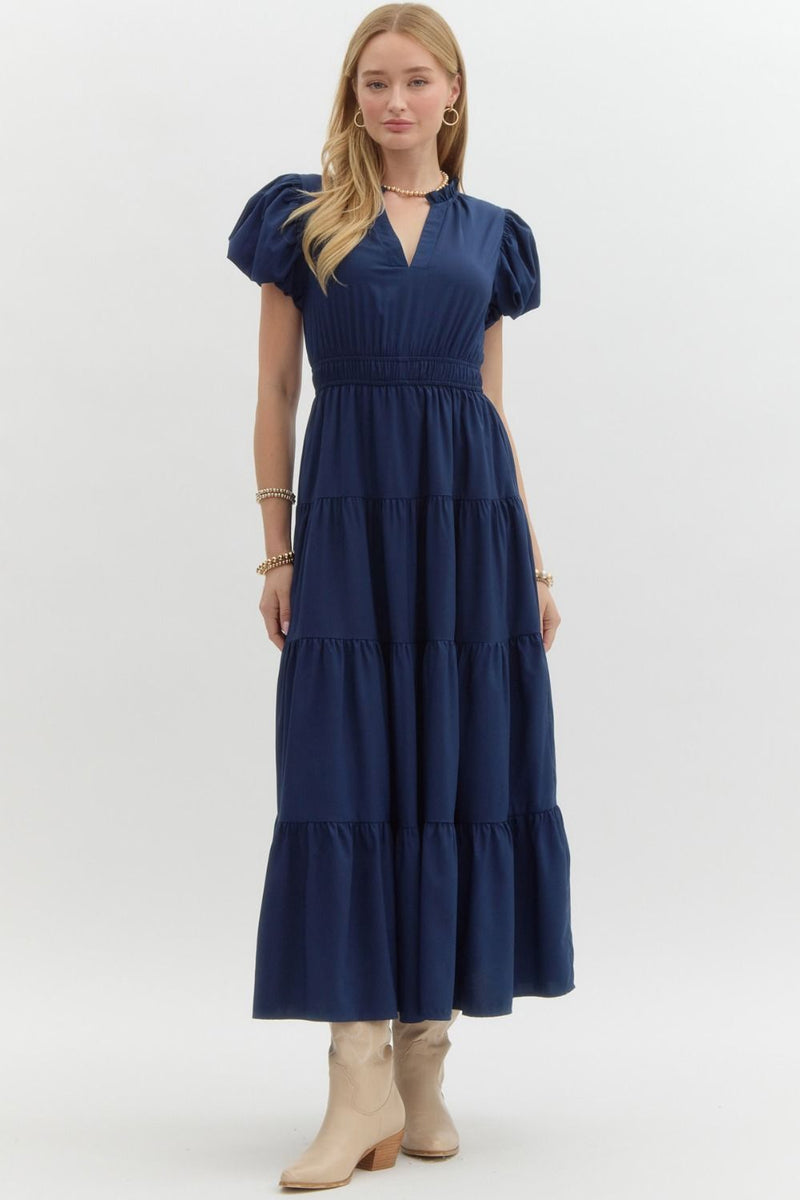 V NECK RUFFLE TIER MIDI DRESS