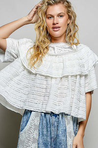 RUFFLE SHORT SLEEVE TOP  WITH LACE