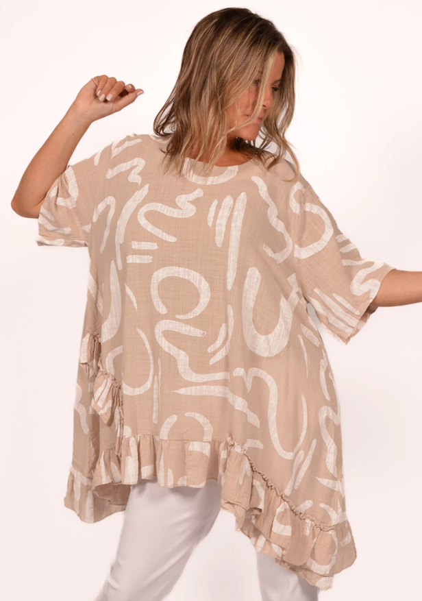 CATHERINE ABSTRACT PRINT RUFFLE TOP