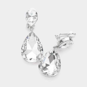 WONA CLIP ON EARR DBL TEARDROP STONE