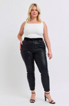 JUDY BLUE HIGH WAISTED FAUX LEATHER AND DENIM PANTS