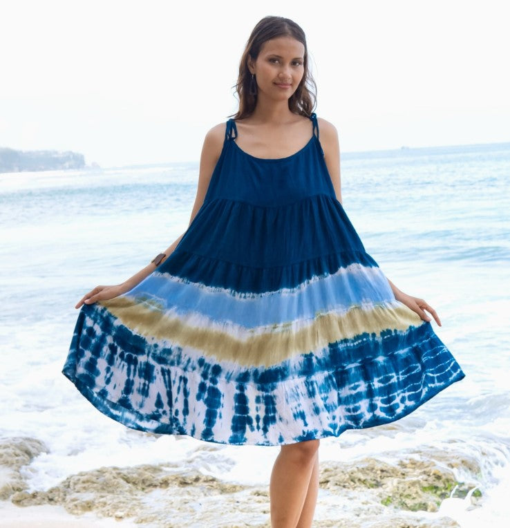 BEACH STRIPE TIE DYE SHORT TIERED DRESS